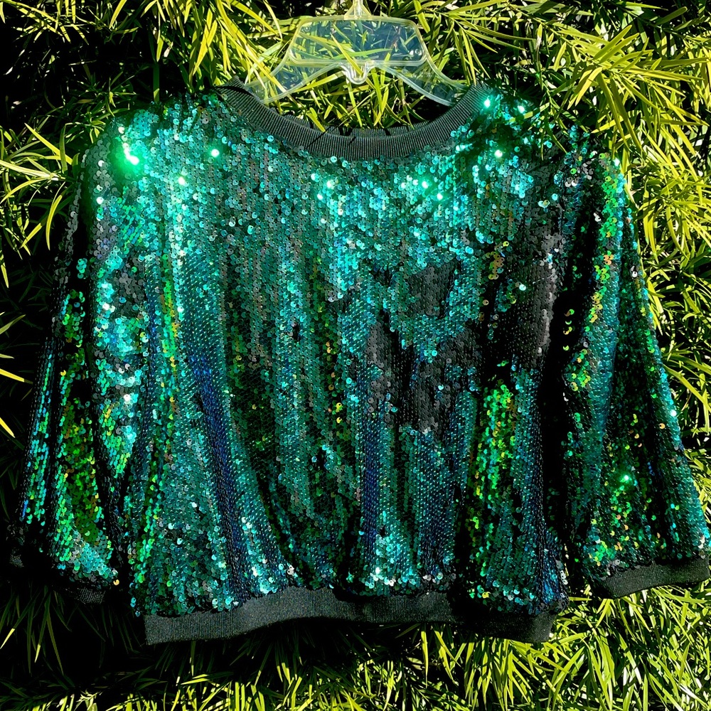 Blue Green Sequin Oversized Crop Pullover